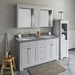 MagickWoods Windermere 17"W X 18"D X 60"H Cloud Gray Linen Cabinet -Hardware Store 30343 scene2rev1 mw 1800x1800
