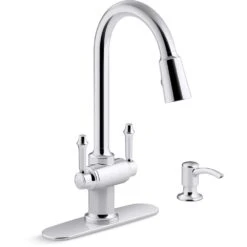 Thierry Two Handle Pull-Down Sprayer Kitchen Faucet With Soap Dispenser In Polished Chrome
