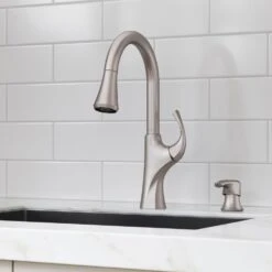Miri Single-Handle Pull-Down Sprayer Kitchen Faucet With Soap Dispenser In Spot Defense Stainless Steel -Hardware Store 7b9675c64d607a378c37e4433c4d79b6 1800x1800