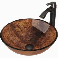 VIGO Glass Vessel Bathroom Sink In Russet And Linus Faucet Set In Antique Rubbed Bronze -Hardware Store 915635d60469775fb2613cc24bff546c 1800x1800