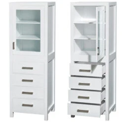Wyndham Collection Sheffield 24"White Linen Tower With Shelved Cabinet Storage And 4 Drawers -Hardware Store WC 1414 LT WHT CLOSEDANDOPEN 1800x1800